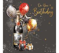 Cherry Orchard Men's Happy Birthday Card, Stylish Champagne and Balloons, finished with Gold foil, complete with Envelope