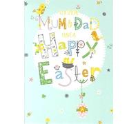 Cherry Orchard Mum & Dad Happy Easter Card, Colourful Typography with Spring Birds and Flowers Design