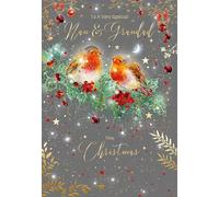 Cherry Orchard Nan and Grandad Christmas Card, from, Artistic design with Two little Robins, from the Gorgeous Grace Range. Comes complete with gold envelope.