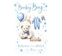 Cherry Orchard | New Baby Boy Congratulations | Its a Boy Welcome to the World | Cute Design with Teddy Bear & Balloons | Gold Foil Stars & Hearts | Luxury Insert