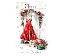 Cherry Orchard | Niece Christmas Card | Christmas card for Niece | Glamorous Red Dress and Festive Foliage | Shimmering Foil Snowflakes | Complete with Envelope