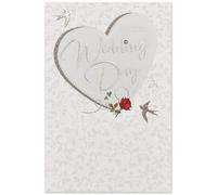 Cherry Orchard On Your Wedding Day Card with Envelope | Silver Glitter Detail, Silver Heart Design, Rose & Swallow Motif, Inside Printed Message, Patterned Background