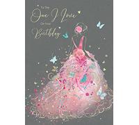 Cherry Orchard One I Love Birthday Card - To The One I Love On Your Birthday - Artistic Lady In Gorgeous Pink Floral Dress with Butterflies - Flitter & Gold Foil Finish - For Her