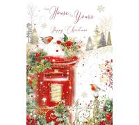 Cherry Orchard 'Our House to Yours' Happy Christmas Card, Traditional design with Snowy Post Box and Robins, Gold foil details Comes complete with envelope.