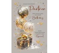 Cherry Orchard | Partner Birthday Card | Birthday Card for Boyfriend/Partner/Husband | Luxury Gold Balloons & Gifts Design | Sentimental Verse on Insert | Complete with envelope