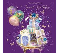 Cherry Orchard Purple Presents and Balloons Happy Birthday Card Grace Luxury Birthday Gold Foil Finish and Gold Envelope - Quality Cards from