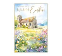 Cherry Orchard | Religious Easter Card | Easter Wishes | Church & Daffodil Spring Scene Easter Blessings Card- with Verse - Christian Easter Greeting Card with Envelope