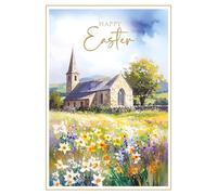 Cherry Orchard | Religious Easter Card | Easter Wishes | Church & Daffodil Spring Scene Easter Blessings Card- with Verse - Christian Easter Greeting Card with Envelope