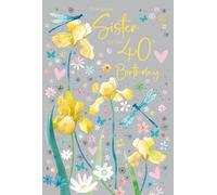 Cherry Orchard | Sister 40th Birthday Card | 40th Birthday Card for Sister | Gorgeous Yellow Flowers & Dragonflies | Shimmering Gold Foil Hearts & Butterflies | Luxury Insert