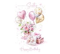 Cherry Orchard Sister Birthday Card - Pretty Birthday Presents & Balloons design from Beautiful Foil Finish