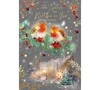 Cherry Orchard 'Sister & Brother in Law' Christmas Card, Artistic design with Two little Robins sat on Holly, from the Gorgeous Grace Range. Comes complete with gold envelope.