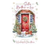 Cherry Orchard | Sister & Brother-in-Law Christmas Card | Festive Front Door Design, Snowy Tree's and Wreath | Gold Foil Finish | Complete with Envelope