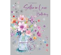 Cherry Orchard Sister in Law Birthday Card, Vibrant Flowers & Vase design, Finished with Pink Foil Text, complete with envelope