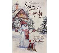 Cherry Orchard Snowman Winter Cottage Christmas Card for Son and Family, Traditional Festive Design with Heartfelt Message