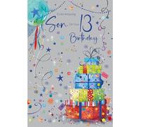 Cherry Orchard | Son 13th Birthday Card | Happy 13th Birthday Son | Bright & Funky Presents & Confetti | Gold Foil Finish | Luxury Page Insert | Complete with Envelope
