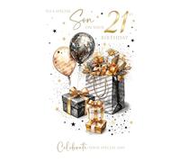 Cherry Orchard | Son 21st Birthday Card | Birthday card for Son 21st | Stylish Metalic Presents & Balloons | Elegant Gold Foil Font | Luxury Insert | Complete with Envelope