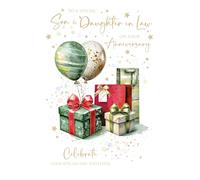 Cherry Orchard | Son and Daughter in Law Anniversary Card | Green & Gold Presents & Balloons Design | Gorgeous Gold Foil stars & Text | Comes complete with envelope.