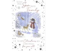 Cherry Orchard Son and His Family Christmas Card, Snowman Woodland Winter Scene Design