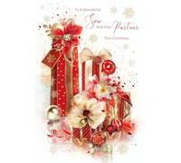 Cherry Orchard Son and Partner Christmas Card, Artistic design with Christmas presents and Bows, Comes complete with envelope.