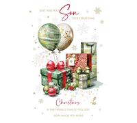 Cherry Orchard Son Christmas Card - Festive Green and Gold Presents & Balloons Design with Foil Details - Includes Envelope - Heartfelt Greeting Card for a Special Son 21 x 14.3 cm