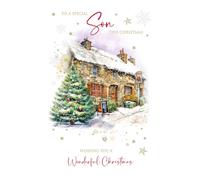 Cherry Orchard Son Christmas Card - Traditional Snowy Cottage and Christmas Tree Scene with Gold Foil Details - Heartfelt Verse Inside - Includes Envelope - Premium Festive Card 23 x 15 cm
