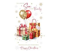 Cherry Orchard | Son & Family Christmas Card | Christmas Card for a Special Son & his Family | Festive Gifts & Balloons | Gold Foil Finish | Luxury Insert | Complete with Envelope