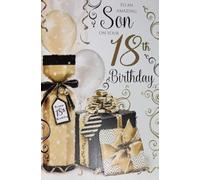 Cherry Orchard Son's 18th Birthday Card, Elegant Gold and Black Design with Presents and Balloons, Luxury Foil Finish, Meaningful Verse