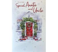 Cherry Orchard Special Auntie and Uncle Christmas Card, Traditional Red Door Design with Festive Wreath and Garlands