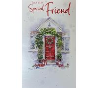 Cherry Orchard Special Friend Christmas Card, Traditional Red Door Cottage Design with Festive Wreath, Holiday Greeting Card with Heartfelt Verse