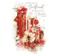 Cherry Orchard Special Girlfriend Christmas card, Christmas Gifts and bows design, complete with envelope and finished with foil text and details