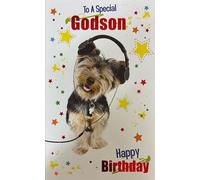 Cherry Orchard Special Godson Birthday Card, Cute Dog with Headphones Design, Colourful Stars, Modern Greeting Card