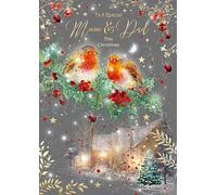Cherry Orchard 'Special Mum & Dad' Luxury Christmas Card, Artistic design with 2 little Robins sat on Holly, from the Gorgeous Grace Range. Comes complete with gold envelope.