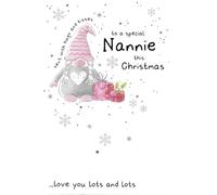 Cherry Orchard Special Nannie Christmas Card, Pink and Grey Gonk Design, Festive Holiday Greeting with Heartfelt Message and Snowflake Decorations