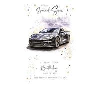 Cherry Orchard | Special SON Birthday Card | Black sports Car | Stylish Gold Foil Text & Stars | Luxury Insert | Complete with Envelope
