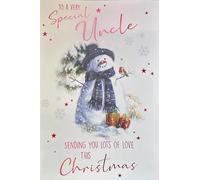 Cherry Orchard Special Uncle Christmas Card, Traditional Snowman Design with Robin and Presents, Premium Foiled Text, Winter Scene Inside