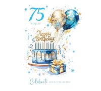Cherry Orchard| Stylish 75th Milestone Birthday Card for Him| Birthday Cake and Balloons design| Blue foil finish Complete with Envelope