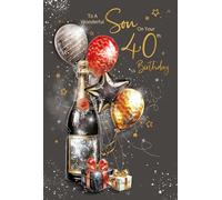 Cherry Orchard, Stylish Son 40th Birthday Card, Modern Black and Gold Champagne design, Gold Foil Text, Sentimental verse, complete with envelope