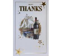 Cherry Orchard Thank You Card with Wine, Books and Sailing Boat Design, Gold Foil Stars, Elegant Nautical Theme