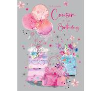 Cherry Orchard | 'To a Lovely Cousin' Birthday card | Vibrant Gift Bags, Balloons & Flowers | Gold Foil |Complete with envelope |