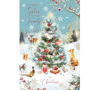Cherry Orchard 'To A Special Sister and Family' Christmas Card, Artistic Christmas tree and animals design with foil text and finishes. Comes complete with Envelope