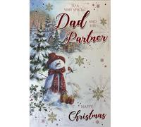 Cherry Orchard To a Very Special Dad and His Partner Christmas Card Snowman & Robin Winter Scene