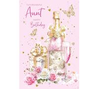 Cherry Orchard To a Wonderful Aunt Birthday Card, with Beautiful Champagne Bottle Design, Luxury Insert, Gold Foil Finish, Comes complete with Envelope.