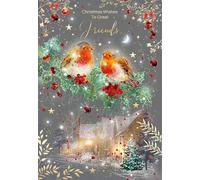 Cherry Orchard 'To Great Friends' Christmas Card, from the Gorgeous Grace range, Two little Robins sat on Holly, beautiful design from Comes complete with gold envelope.