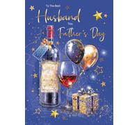 Cherry Orchard | To the Best Husband this Father's Day |Large Father's Day card for Husband | Modern Blue & Gold Wine Bottle & Balloons | Luxury Insert