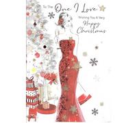Cherry Orchard To the One I Love Christmas Card, Elegant Red Dress Design with Gold Glitter, Romantic Verse, Festive Greeting Card