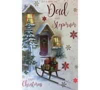 Cherry Orchard Traditional Christmas Card for Dad and Stepmum, Snowy Cottage Scene with Sleigh and Gifts, Red and Gold Snowflake Design