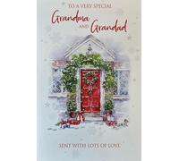 Cherry Orchard Traditional Christmas Card for Grandma and Grandad, Festive Red Door Design with Wreath, Premium Card Stock