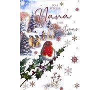 Cherry Orchard Traditional Christmas Card for Nana, Glitter Embellished Winter Scene with Robin and Holly, Snowy Village Design with Heartfelt Message