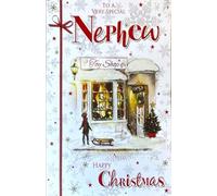 Cherry Orchard Traditional Toy Shop Christmas Card for Nephew, Glitter and Foil Design with Snow Scene, Special Holiday Greeting