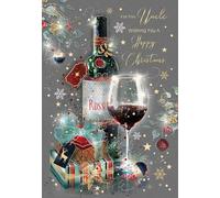 Cherry Orchard 'UNCLE' Christmas card, Artistic design with Red Wine&Gifts, Gold foil finish, comes complete with gold envelope.